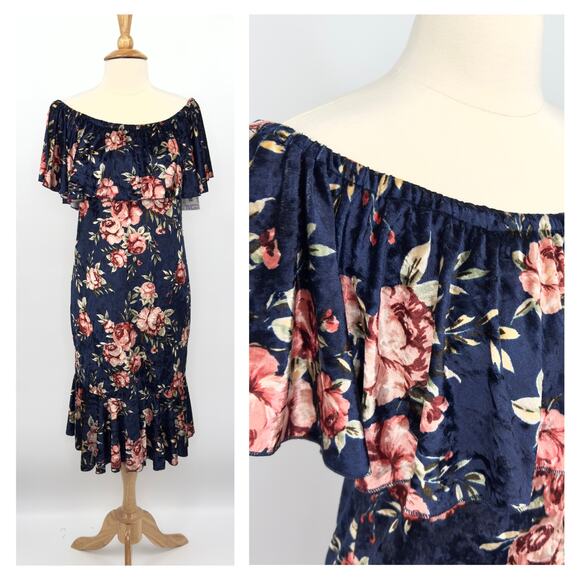 LuLaRoe Cici Crushed Velvet Midi Dress Sz M Navy Floral Off Shoulder Ruffle NWT - Picture 2 of 15
